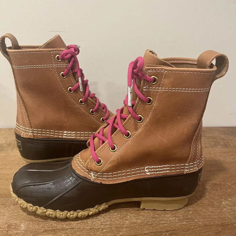 L.L. Bean Bean Boots Womens 7 Brown Leather Duck Boots Pink Laces Made in Maine